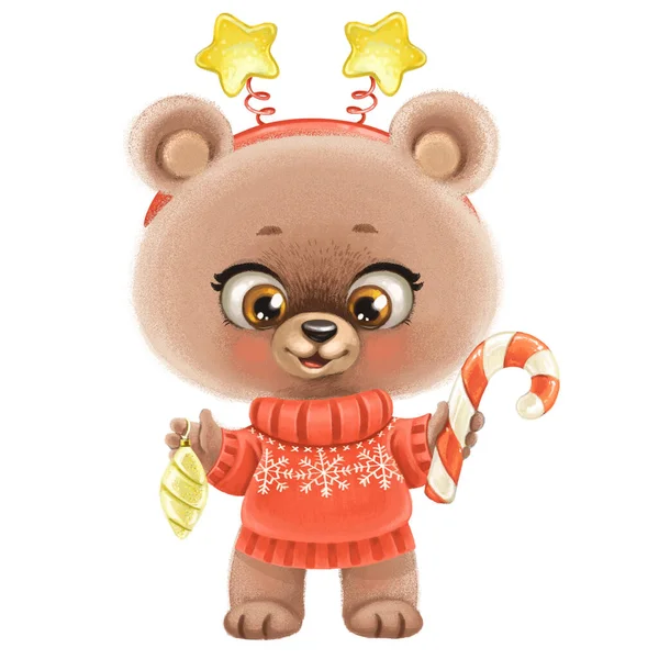 可爱的卡通小熊 头上挂着星星 头上挂着典当 背景为白色的圣诞树玩具 — 图库照片