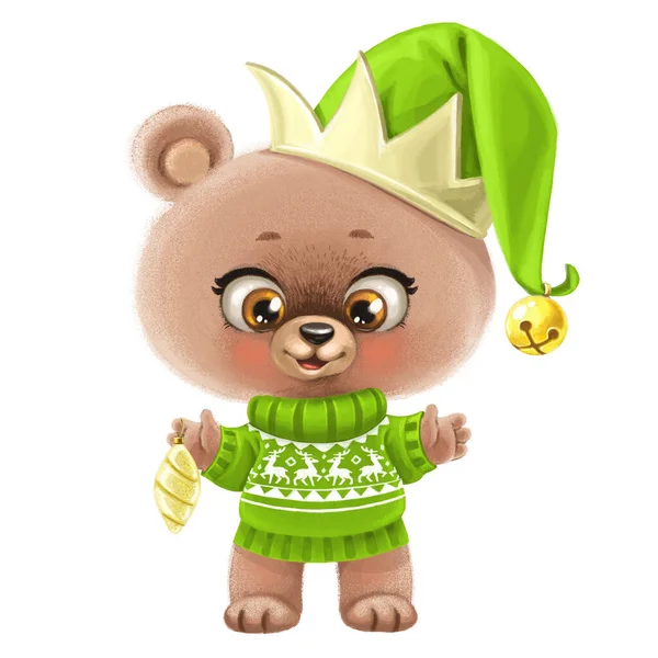 可爱的卡通小熊 穿着温暖的羊毛衫 头戴帽子 脚踏玻璃圣诞树玩具 背景是白色的 — 图库照片