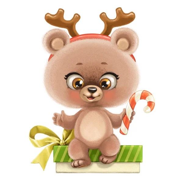 可爱的卡通片小熊 长着角 爪子拿着糖果 坐在一个白色背景的礼品盒上 — 图库照片
