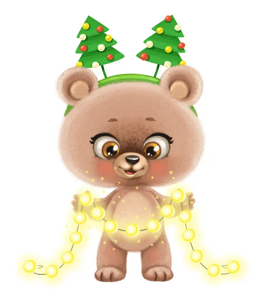 可爱的卡通小熊 头戴圣诞树挂在圈圈里 被白色背景隔开的闪亮灯泡挂在爪子花环里 — 图库照片