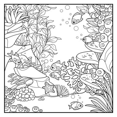 Mercanlar, süngerler, algler ve beyaz arka planda izole edilmiş renklendirme için özetlenmiş küçük balıklarla dolu karikatür dünyası.