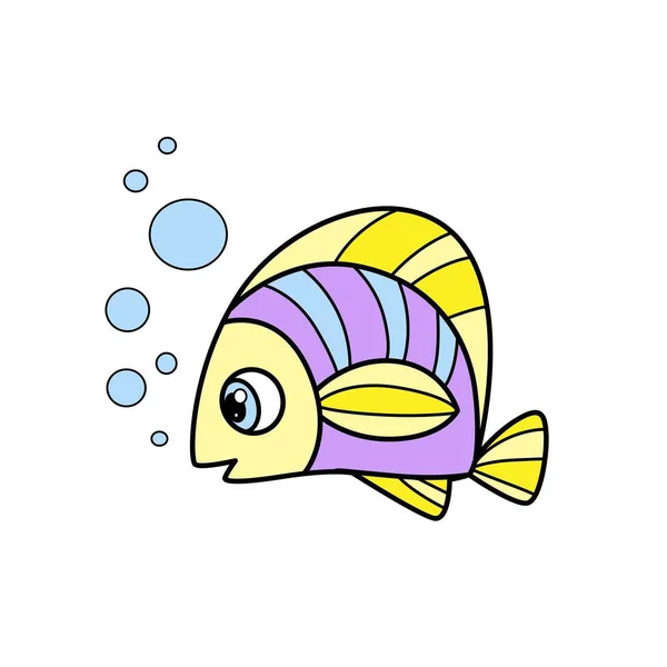 Cute Cartoon Sea Fish Looks Outlined Coloring Page Isolated White — Stock Vector