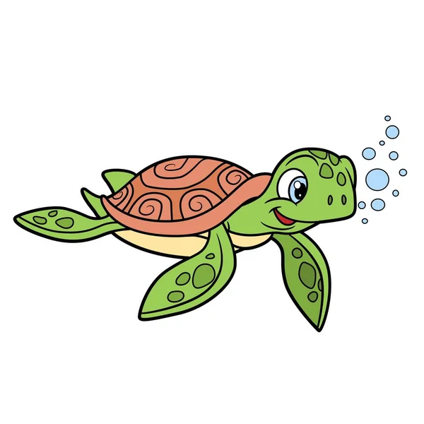 Cute Cartoon Sea Turtle Outlined Coloring Page Isolated White Background — Stock Vector