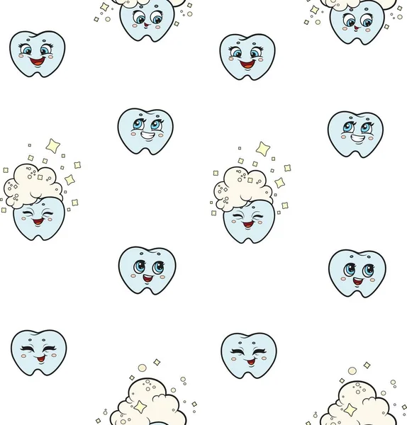 Cute Cartoon Little Tooth Color Variation Seamless Pattern White Background — Stock Vector