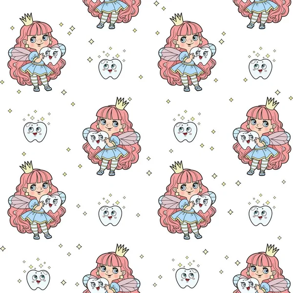 Seamless Pattern Cute Cartoon Little Fairy Girl Holding Baby Tooth — Stock Vector