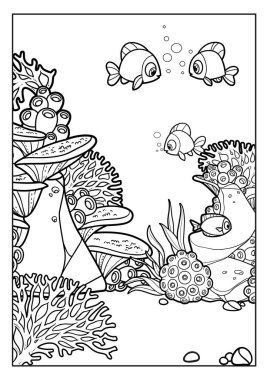 Mercanlar, algler, balıklar, taşlar ve şakayıklar ile kaplanmış karikatür renkli sayfa için ana hatlarıyla belirlenmiş.