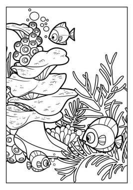 Mercanlar, algler, balıklar ve renklendirme sayfası için özetlenmiş anemonlar ile kaplanmış.