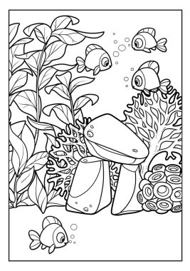 Taşlarla, mercanlarla, yosunlarla, balıklarla ve renklendirme sayfaları için özetlenmiş şakayıklarla dolu.