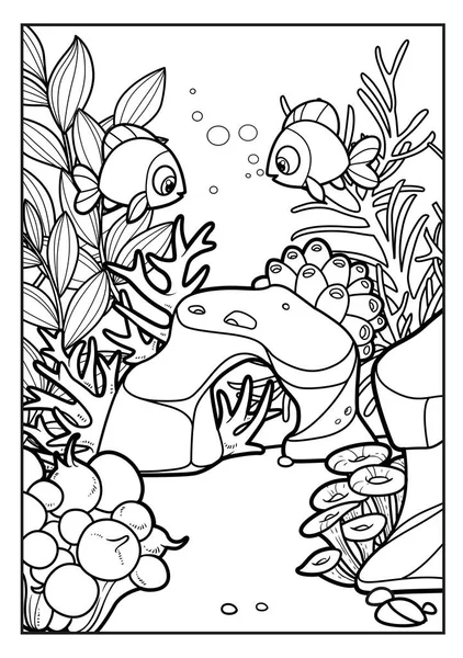 サンゴ 石とアネモネと漫画の海底着色ページのバリエーションを概説 — ストックベクタ