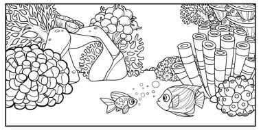 Beyaz arkaplanda renklendirme için deniz tabanında taşlar, mercanlar, süngerler ve algler olan iki balık. 