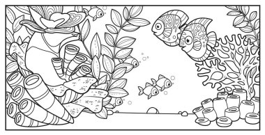 Kayalar, mercanlar, şakayıklar, deniz yıldızları ve algler ile arka planda beyaz bir zemin üzerine renklendirmek için iki büyük balık. 