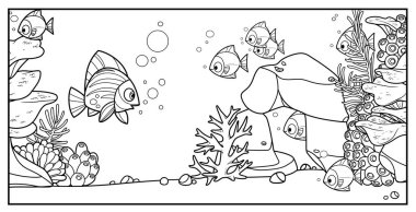 Deniz tabanında mercanlar, taşlar, deniz şakayıkları ve beyaz arkaplandaki renklendirme için doğrusal yosun çizimleri olan deniz balıkları. 