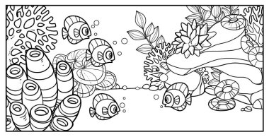 Beyaz arka planda renklendirme için deniz tabanında taşlar, mercanlar, süngerler ve algler ile bir sürü balık var. 