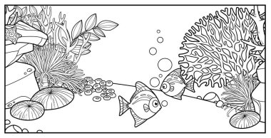 Kayalar, mercanlar, deniz şakayıkları, süngerler ve beyaz zemin üzerine boyamak için doğrusal algler ile deniz tabanında iki balık. 