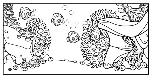 Fishes Background Seabed Stones Coral Anemones Algae Linear Drawing Coloring — стоковый вектор
