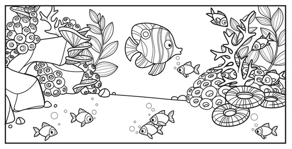 海底背景上的许多鱼 有石头 海葵和水藻线画 用来在白色背景上着色 — 图库矢量图片