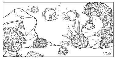 Su altında yaşayanlar mercanlar, yosunlar, taşlar, deniz kabuğu ve renk sayfası için özetlenmiş anemonlar ile deniz tabanının zeminine karşı dururlar.