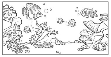 Su altında yaşayanlar mercanlar, algler, taşlar ve anemonlar ile deniz tabanının renklendirme sayfası için özetlenmiş çeşitliliğine karşıdırlar.