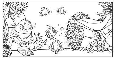 Su altında yaşayanlar mercanlar, yosunlar, taşlar ve deniz kabuğu ile deniz tabanının renklendirme sayfası için özetlenmiş çeşitliliğine karşı dururlar.