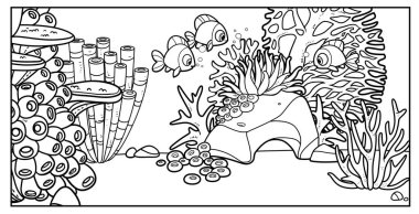 Su altında yaşayanlar mercanlar, yosunlar ve taşlarla deniz tabanının arka planında renklendirme sayfaları için sıralanmış çeşitliliğe sahipler.