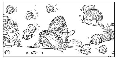 Mercanların, alglerin, süngerlerin, taşların ve anemonların renklendirme sayfaları için özetlenmiş çeşitliliğine karşı deniz yatağı ve balıklar.