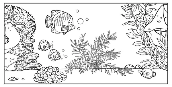 在珊瑚 藻类和海葵海床背景下的水下居民概述了不同的着色页 — 图库矢量图片
