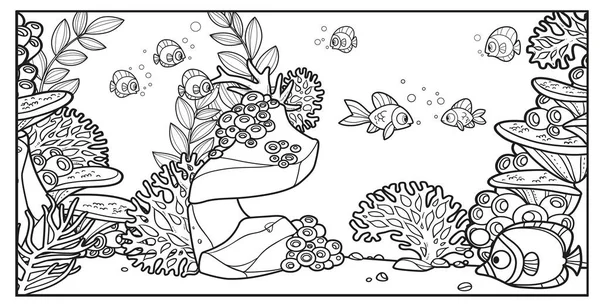 サンゴ スポンジ アネモネの海底を背景にした魚がページを着色するためのバリエーションを概説しました — ストックベクタ