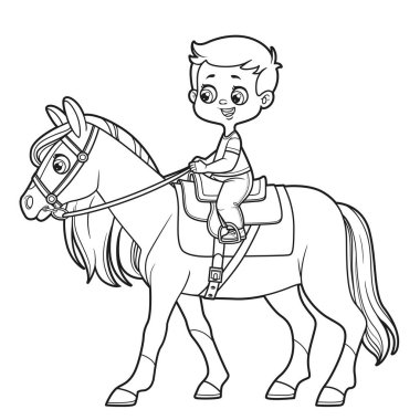 Sevimli çizgi film çocuğu beyaz arka planda izole bir şekilde eyer üzerinde otururken ata biniyor.