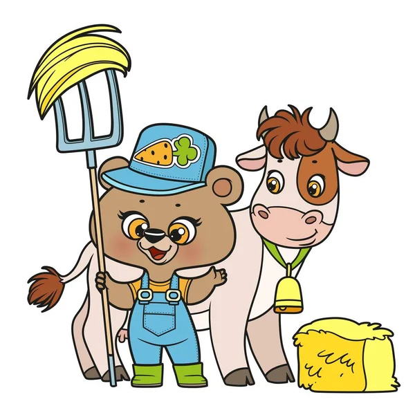 Bonito Desenho Animado Ursinho Agricultor Com Variação Cor Vaca Feno — Vetor de Stock