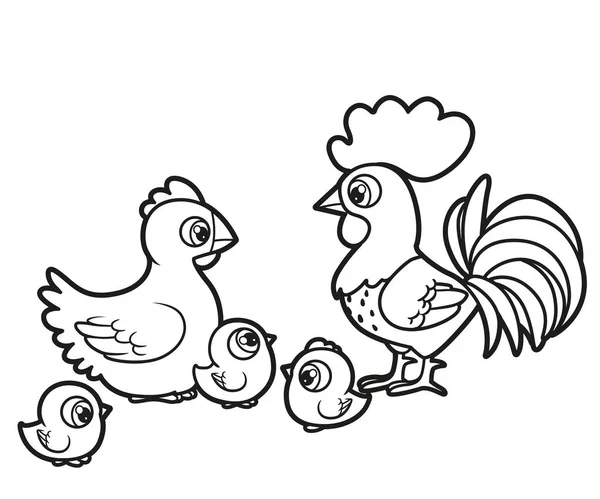 Aranyos Rajzfilm Kakas Tyúk Csirkék Vázolt Kifestőkönyv Fehér Háttér — Stock Vector