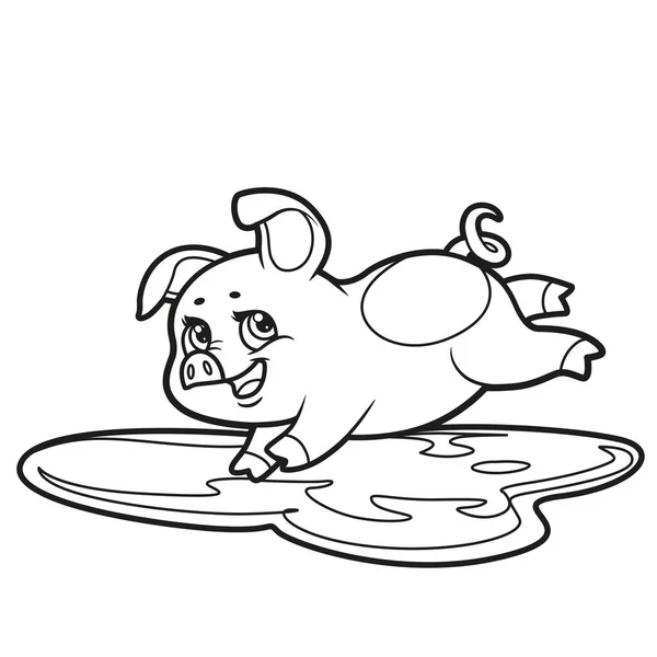Nettes Cartoon Schwein Springt Eine Pfütze Für Malbuch Auf Weißem — Stockvektor