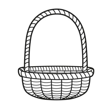 Beyaz arkaplan üzerine boyama kitabı için özetlenmiş geniş saplı boş hasır sepet