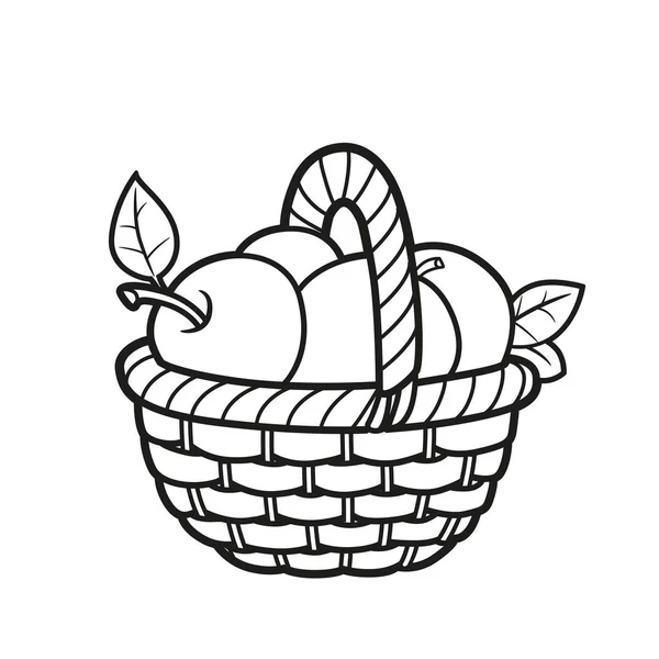 Petit Panier Osier Avec Grandes Pommes Dessinées Pour Livre Coloriage — Image vectorielle