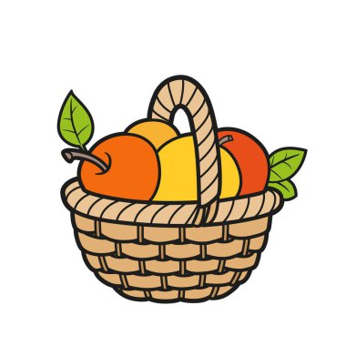 Beyaz arkaplan üzerine boyama kitabı için büyük elma rengi varyasyonlu küçük hasır sepet