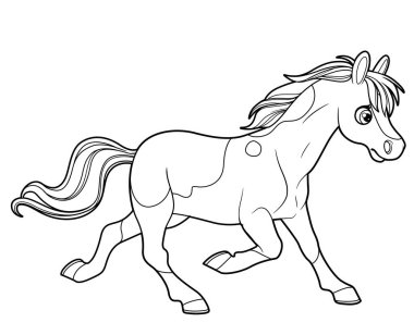 Beyaz arka planda izole edilmiş, öne doğru koşan şirin çizgi film benekli at.