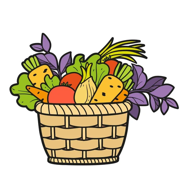 Wicker Basket Fresh Vegetables Outlined Coloring Book White Background — Stock Vector