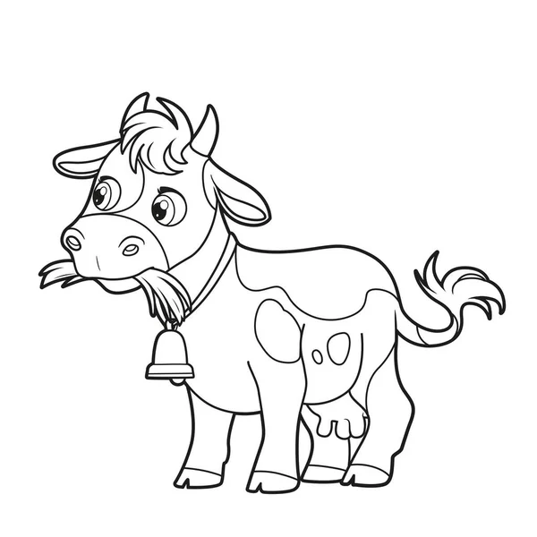 Cute Cartoon Cow Eating Hay Outlined Coloring Book White Background — Stock Vector