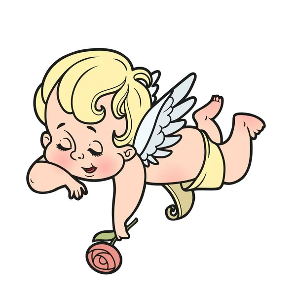 Mignon Dessin Animé Cupidon Ment Sommeille Avec Une Fleur Dans — Image vectorielle