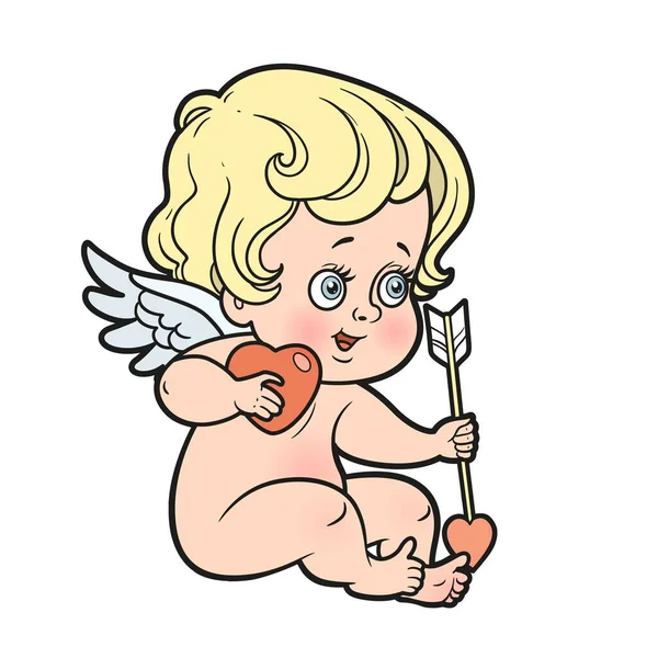 Leuke Cartoon Cupido Met Een Hart Een Pijl Handen Kleur — Stockvector