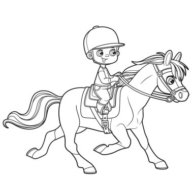 Sevimli çizgi film çocuğu beyaz arka planda izole bir at çizgisi sürüyor.