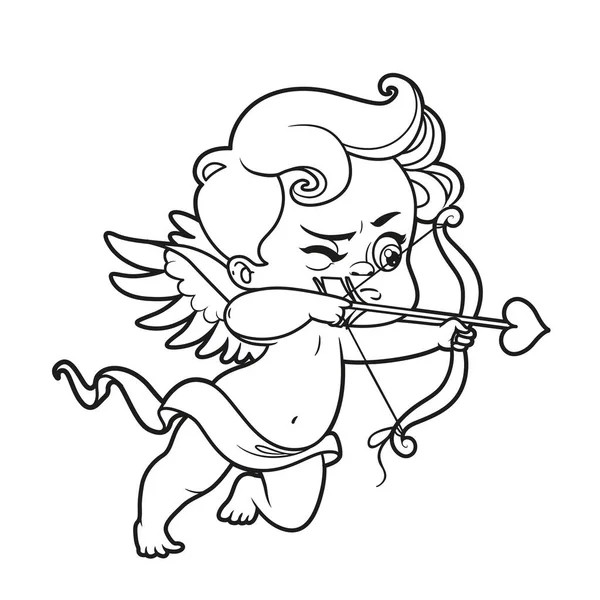 Cute Cartoon Cupid Archer Shoots Bow Outlined Coloring White Background — Stock Vector