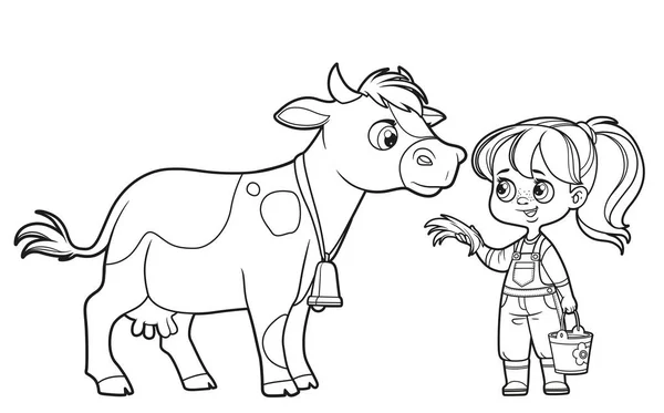 Menina Bonito Desenho Animado Com Balde Leite Alimenta Vaca Com — Vetor de Stock