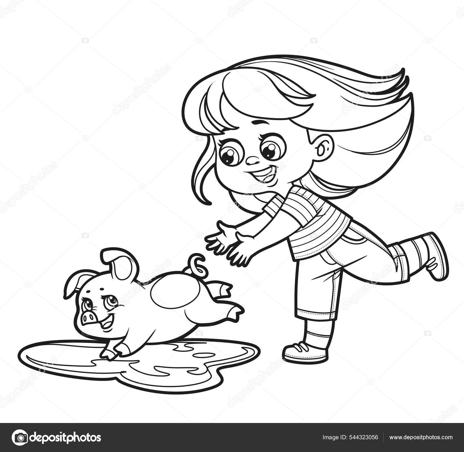 Nettes Cartoon Mädchen Jagt Das Ferkel Zum Ausmalen Auf Weißem  Stock-Vektorbild von ©yadviga 544323056, image size:1600x1558
