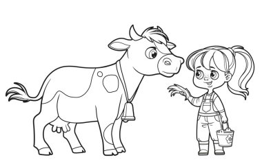 Elinde bir kova sütle tatlı bir çizgi film kızı beyaz arka planda boyama kitabı için saman çizili bir inek besliyor.