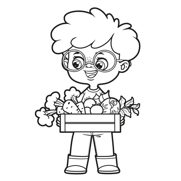 Netter Cartoon Junge Runden Gläsern Mit Einer Schachtel Gemüse Zum — Stockvektor