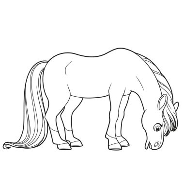 Tatlı çizgi film büyük at kemiren çim ana hatları beyaz arka planda izole