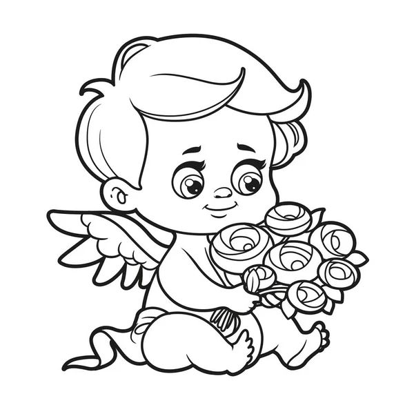 Cute Cartoon Baby Cupid Sit Roses Outlined Coloring White Background — Stock Vector