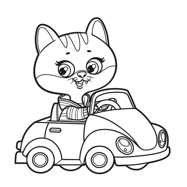Cute Cartoon Kitten Ride Little Car Outlined Coloring White Background — Stock Vector