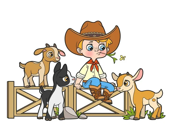 Cute Cartoon Boy Cowboy Hat Sits Fence Looks Goatlings Nearby — Stock Vector