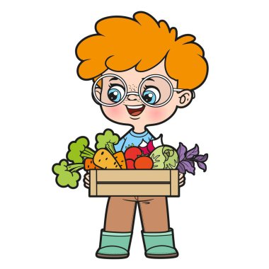 Yuvarlak gözlüklü sevimli çizgi film çocuğu elinde bir kutu sebze tutuyor. Beyaz arka planda renkli sayfa için renk varyasyonu.